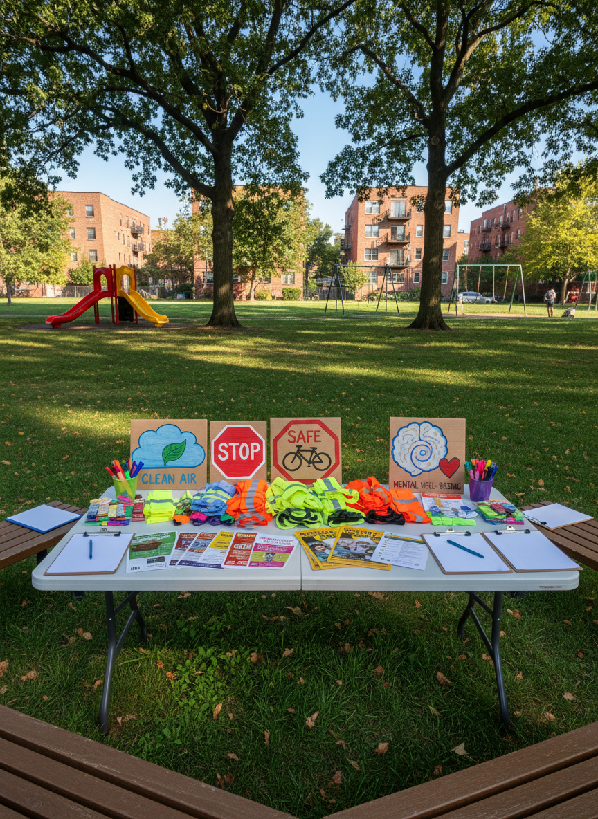 An outdoor community safety workshop setup in a city park, centered on a sturdy folding table covered in brightly colored flyers, reflective armbands, safety checklists, and hand-painted cardboard symbols representing clean air, safe streets, and mental well-being. Surrounding benches hold neatly arranged clipboards and marker sets. Late morning sunlight filters through leafy trees, creating dappled patterns on the grass and table surface. Photographic realism at eye level, with a moderate depth of field that keeps the materials crisp while softening the background of playground equipment and apartment buildings. The mood is vibrant and purposeful, with bold color contrasts and a slightly wide-angle composition that emphasizes openness, accessibility, and grassroots community organizing.