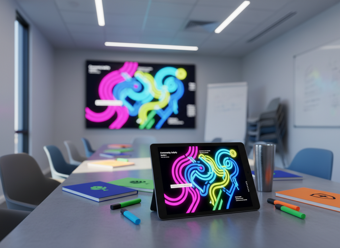 A modern community center conference room with a large digital screen displaying a vivid, abstract infographic about community safety and environmental health, using bright, contrasting shapes instead of text. The central focus is a sleek, matte black tablet on the table showing the same design, surrounded by color-coded notebooks, highlighters, and a reusable coffee tumbler. Overhead LED lighting provides even, cool illumination, while a side window adds a subtle strip of natural light along the table edge. Photographic realism, shot from a three-quarter angle with a shallow depth of field that keeps the tablet and nearby materials in sharp focus while lightly blurring stackable chairs and a whiteboard in the background. The atmosphere feels bold, tech-savvy, and solutions-oriented, perfect for a youth-driven organizing hub.