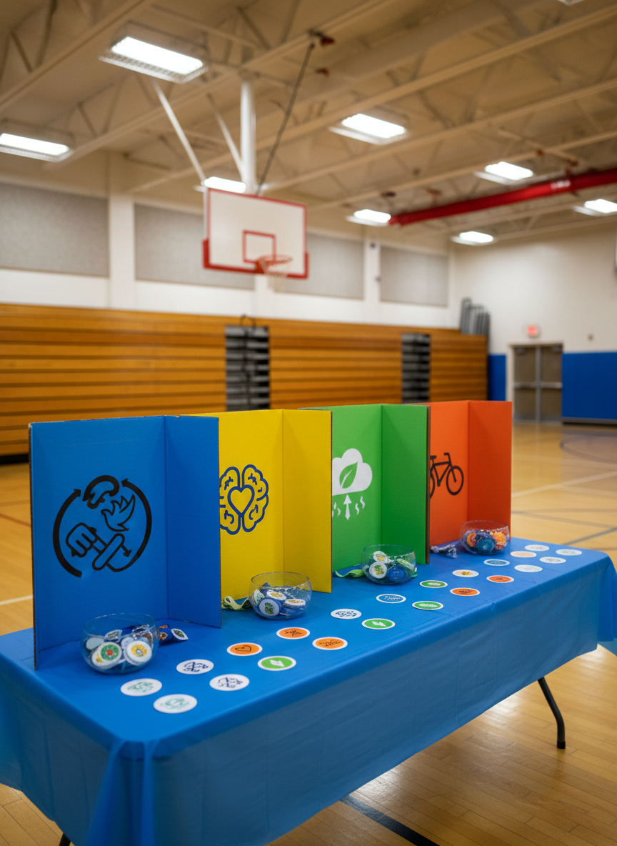 An energetic indoor outreach station set up in a school gym, centered on a long table lined with sturdy cardboard display boards covered in brightly colored, text-free icons for conflict resolution, mental health support, clean air, and safe transport. Transparent bowls hold eco-friendly wristbands and stickers with the same symbols. In the background, a basketball hoop and folded bleachers signal the familiar youth space. Overhead gym lights produce strong, even illumination, with slight reflections on the polished wood floor. Photographic realism, shot at eye level with a medium depth of field, keeps the outreach table dominant while gently softening background details. The mood is bold, inviting, and action-oriented, suggesting an accessible hub where young people shape safer, healthier communities.
