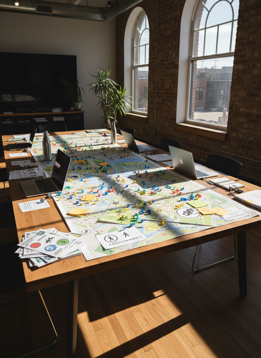 A bold, oversized community safety map spread across a large wooden table in a bright urban meeting room, covered with color-coded pins, sticky notes, and printed icons representing safe routes, parks, and schools. Around the edges of the frame, open laptops, reusable water bottles, and stacks of workshop materials hint at active planning. Late afternoon sunlight streams through tall windows, casting crisp, angular shadows and highlighting the saturated colors of the map. Photographic realism, shot from a slightly elevated angle with sharp focus throughout, creates a dynamic, energetic mood. The composition uses the rule of thirds, drawing the eye from the lower corner of the table toward the glowing windows, suggesting forward movement and bold community action.
