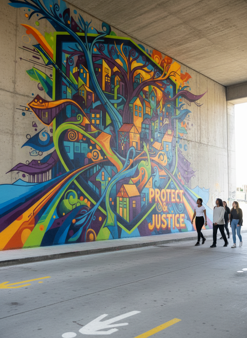 A bright, graffiti-style mural in a refurbished underpass, depicting an abstract cityscape where trees, homes, and intersecting paths form a shield-like pattern symbolizing protection and justice. Vivid colors—electric blues, neon greens, and punchy oranges—cover the smooth concrete wall, with bold, dynamic strokes and layered shapes suggesting movement and collective strength. The ground is clean, with freshly painted safety symbols on the pavement guiding passersby. Captured in photographic realism from a slightly low angle, the scene uses soft, diffused daylight bouncing in from both ends of the underpass, minimizing harsh shadows. The composition emphasizes the mural’s sweeping lines and towering presence, creating an atmosphere of empowered, youth-driven change and a safer, more vibrant public space.