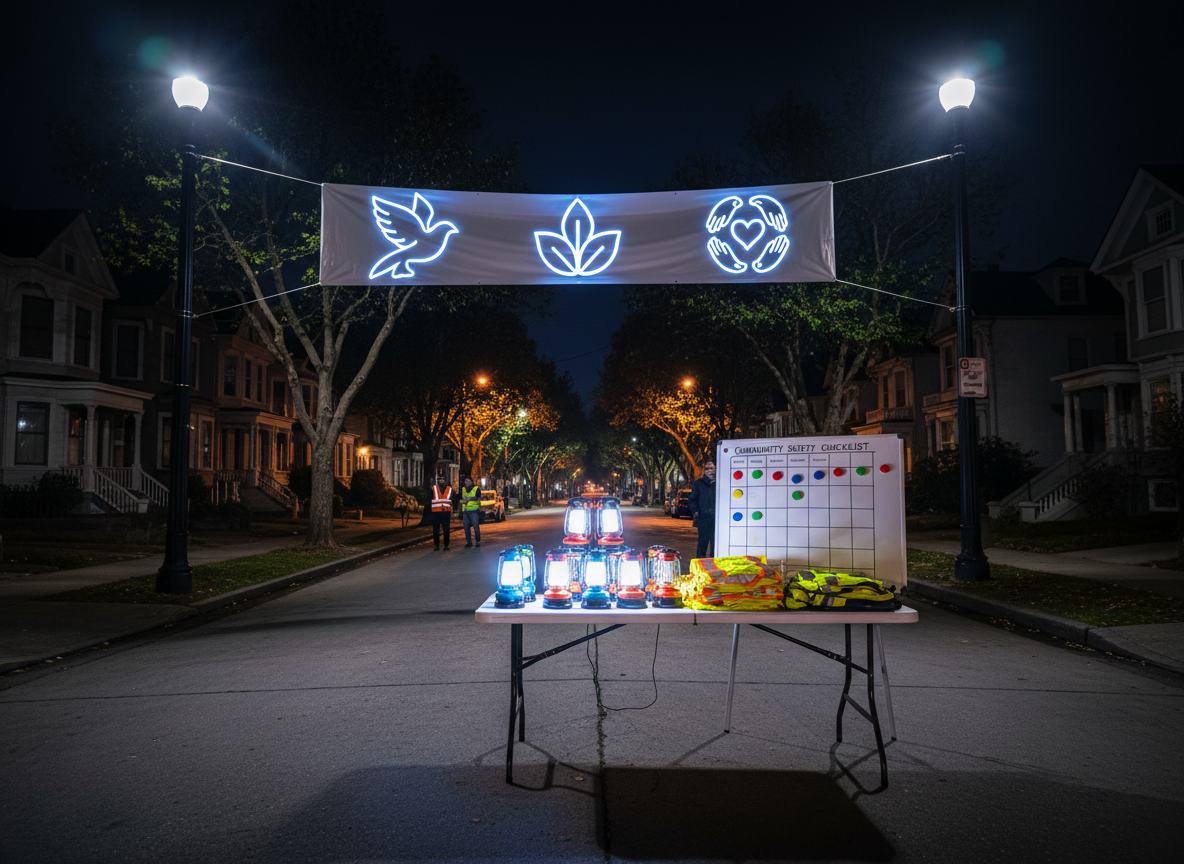 A nighttime neighborhood street scene transformed for a community safety walk, with a bold, reflective banner stretched between two lampposts, featuring abstract icons for peace, health, and unity instead of words. On the sidewalk below, a folding table holds portable lanterns, high-visibility vests, and a large, reusable checklist board with colorful magnets. The street is lit by a mix of warm sodium streetlights and cooler LED lantern glow, creating dramatic highlights and deep, cinematic shadows. Photographic realism from a low, wide-angle perspective accentuates the height of the banner and depth of the street. The mood is determined and watchful yet hopeful, with strong contrast and saturated colors emphasizing proactive community vigilance rather than fear.