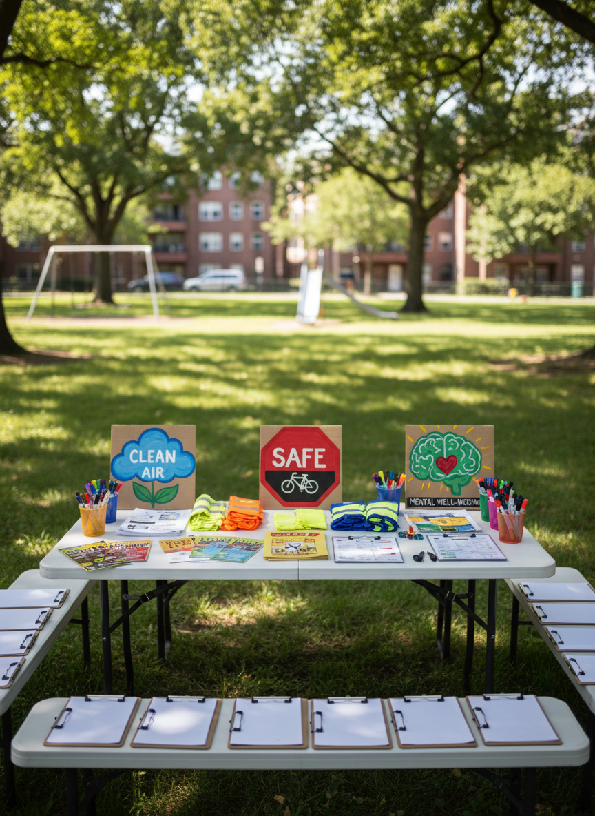 An outdoor community safety workshop setup in a city park, centered on a sturdy folding table covered in brightly colored flyers, reflective armbands, safety checklists, and hand-painted cardboard symbols representing clean air, safe streets, and mental well-being. Surrounding benches hold neatly arranged clipboards and marker sets. Late morning sunlight filters through leafy trees, creating dappled patterns on the grass and table surface. Photographic realism at eye level, with a moderate depth of field that keeps the materials crisp while softening the background of playground equipment and apartment buildings. The mood is vibrant and purposeful, with bold color contrasts and a slightly wide-angle composition that emphasizes openness, accessibility, and grassroots community organizing.